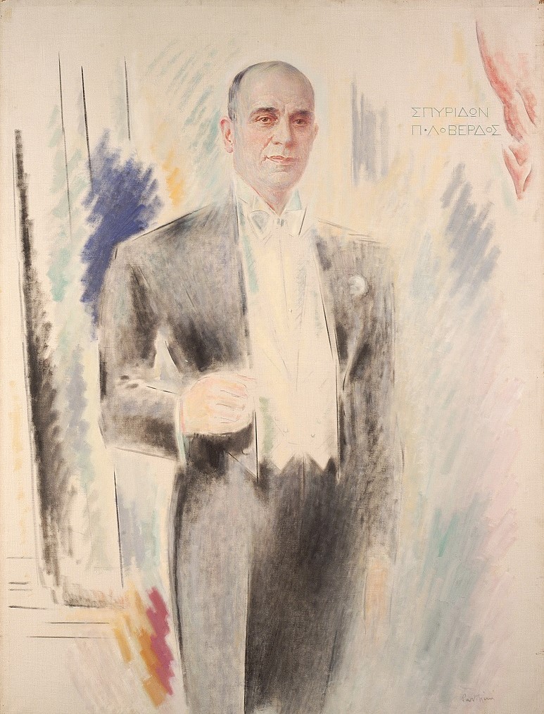 Full-body portrait of Spyridon Loverdos in a formal suit. His name on top and Parthenis’ signature on the bottom.  “Konstantinos Parthenis. Painting an Ideal Greece”
