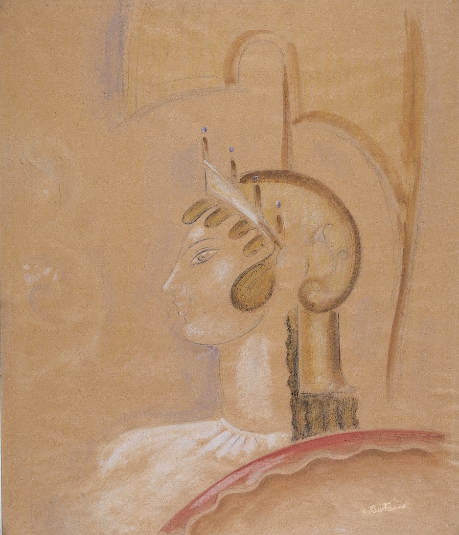 Profile of goddess Athena with helmet in orange hues. “Konstantinos Parthenis. Painting and Ideal Greece”