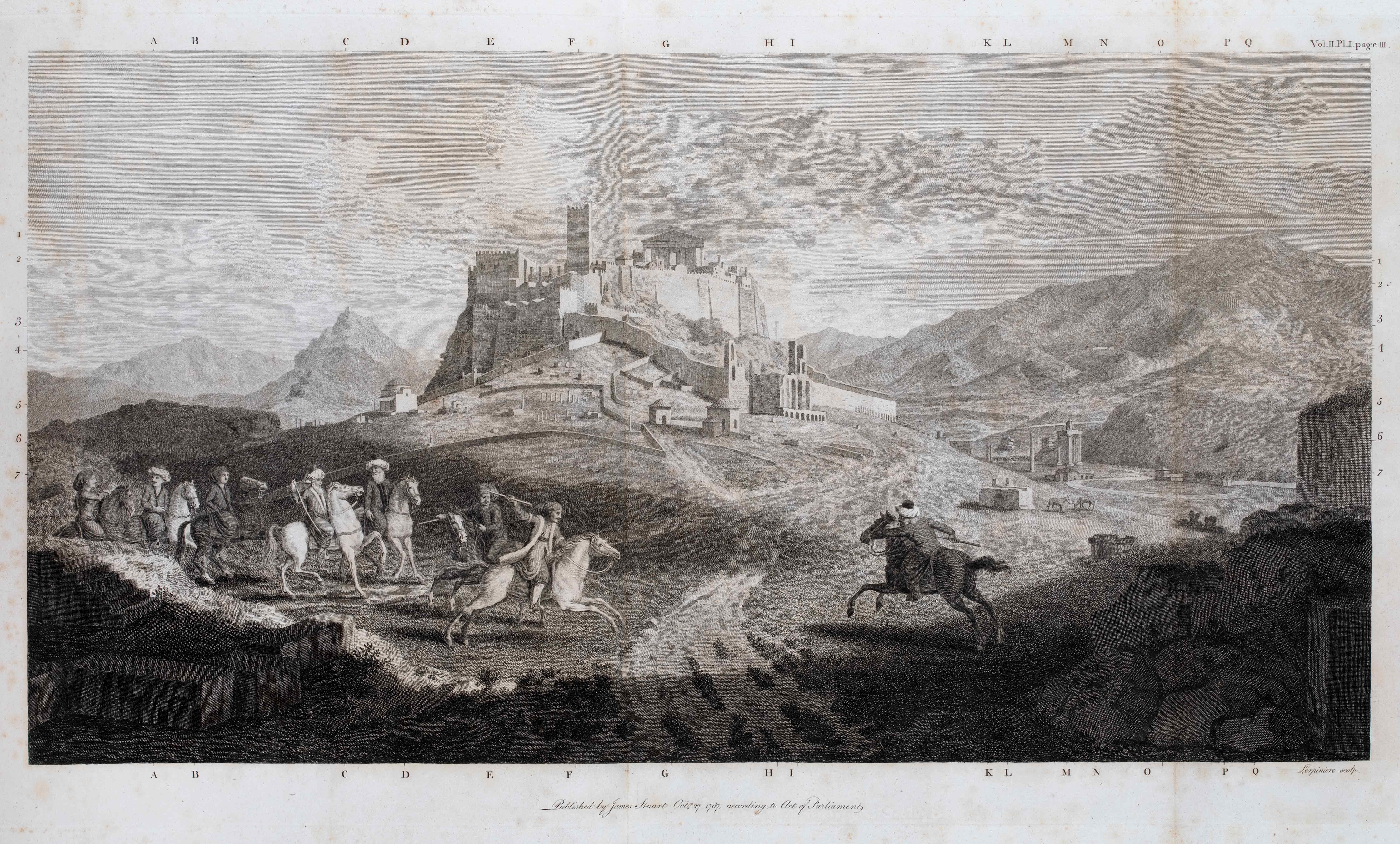 An etching depicting horsemen fighting below the Acropolis of Athens.   Page from the book The Antiquities of Athens. Volume the Second