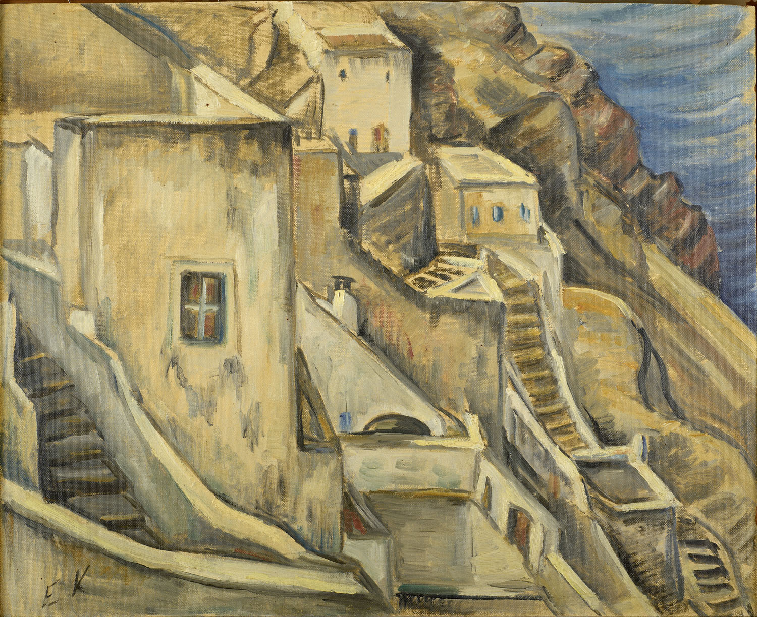 White houses on Santorini, built amphitheatrically on a mountainside. The blue sea on the right. Painting “Santorini”