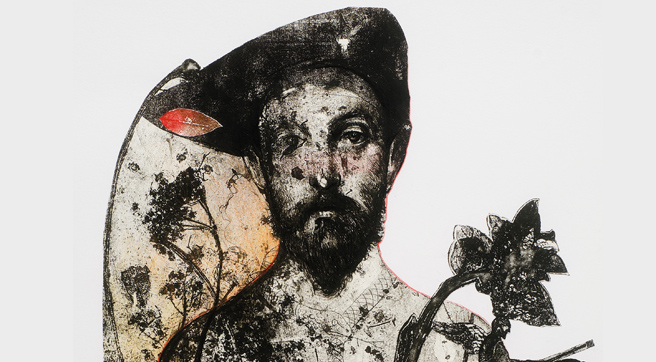 Detail of a male bust and fossils all over the composition.