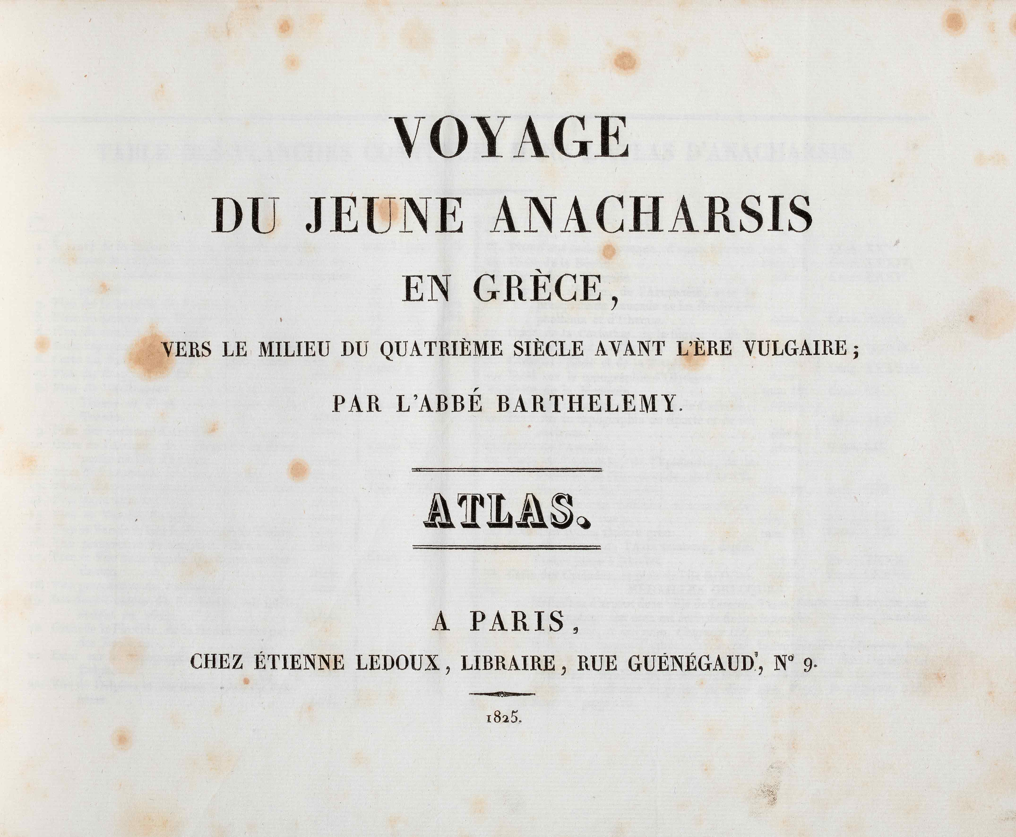 The title page, with the name of the author and the publication details. Cover of the book Voyage du jeune Anacharsis en Grèce