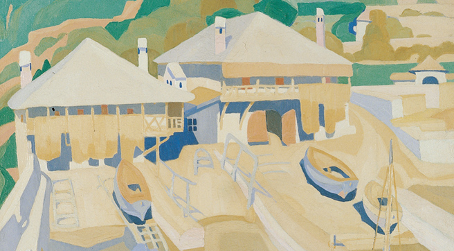 Small shipyard with buildings, boats and the see. A forest at the back.  Small shipyard with buildings, boats and the see. A forest at the back.