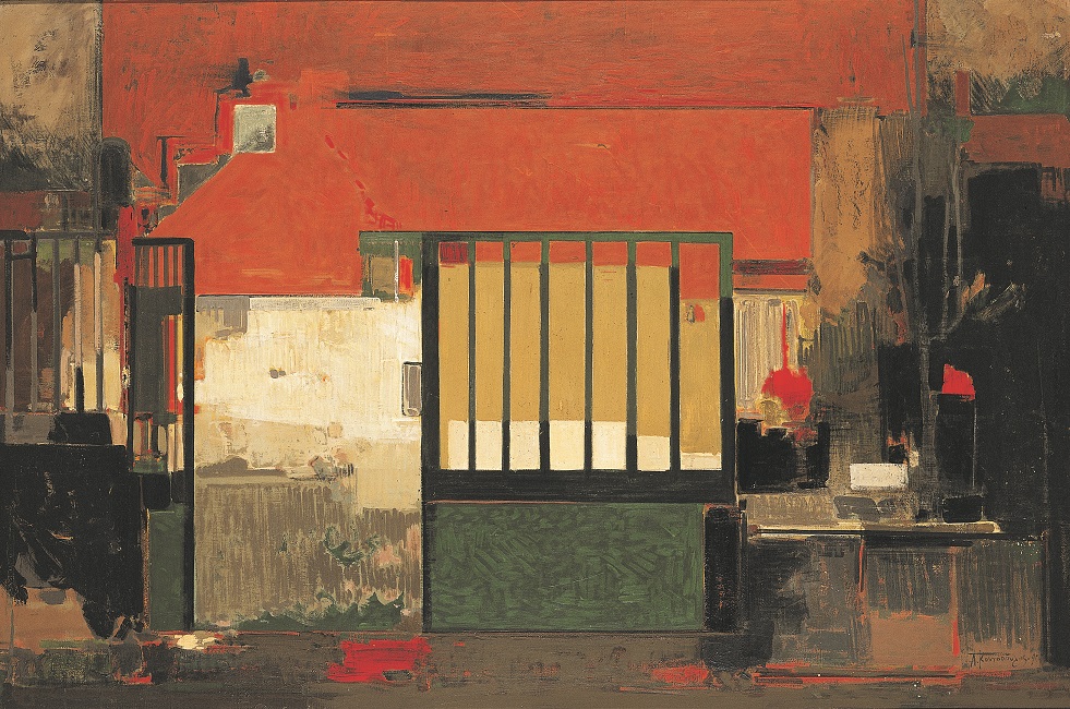 Abstract composition depicting the external view of a house. At the top a red roof, at the centre a green gate.  Abstract composition depicting the external view of a house. At the top a red roof, at the centre a green gate.