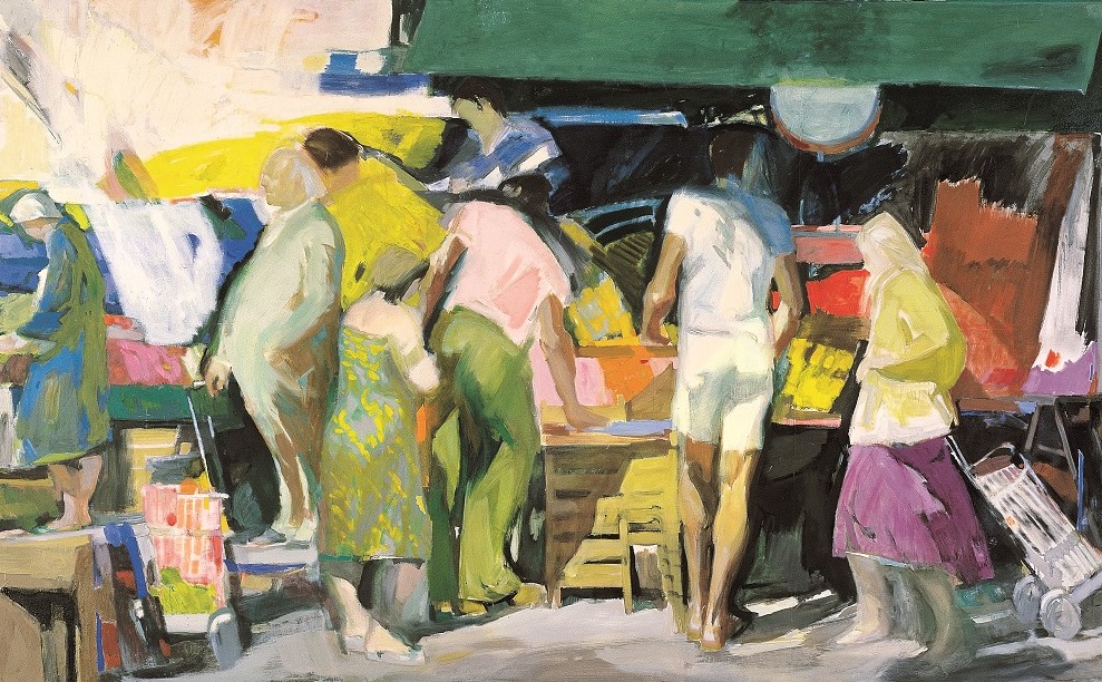 People in colourful clothes shopping at the street market on a sunny morning.  People in colourful clothes shopping at the street market on a sunny morning.