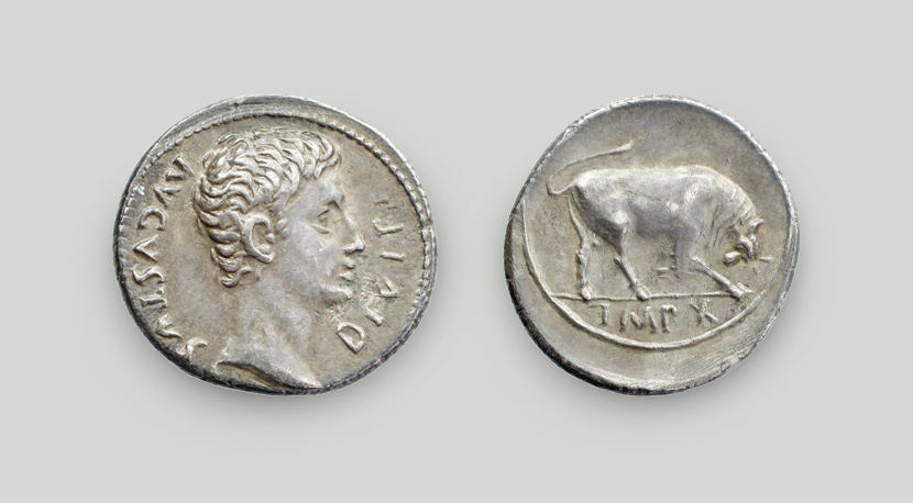 Two sides of silver denarius of Augustus 
