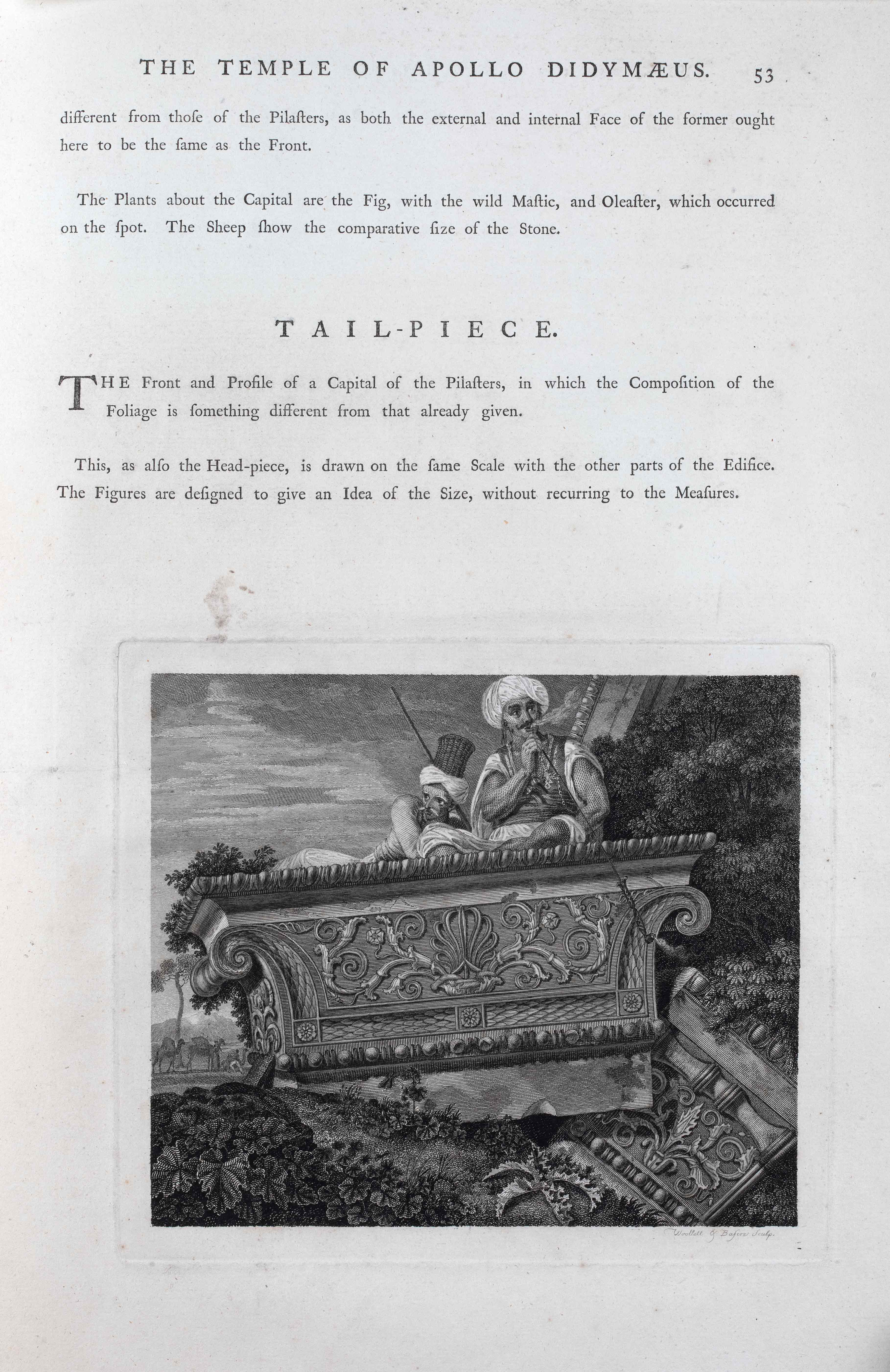 Page with text on the top and an etching depicting 2 men on a capital. Page from the book Ionian Antiquities – Society of Dilettanti