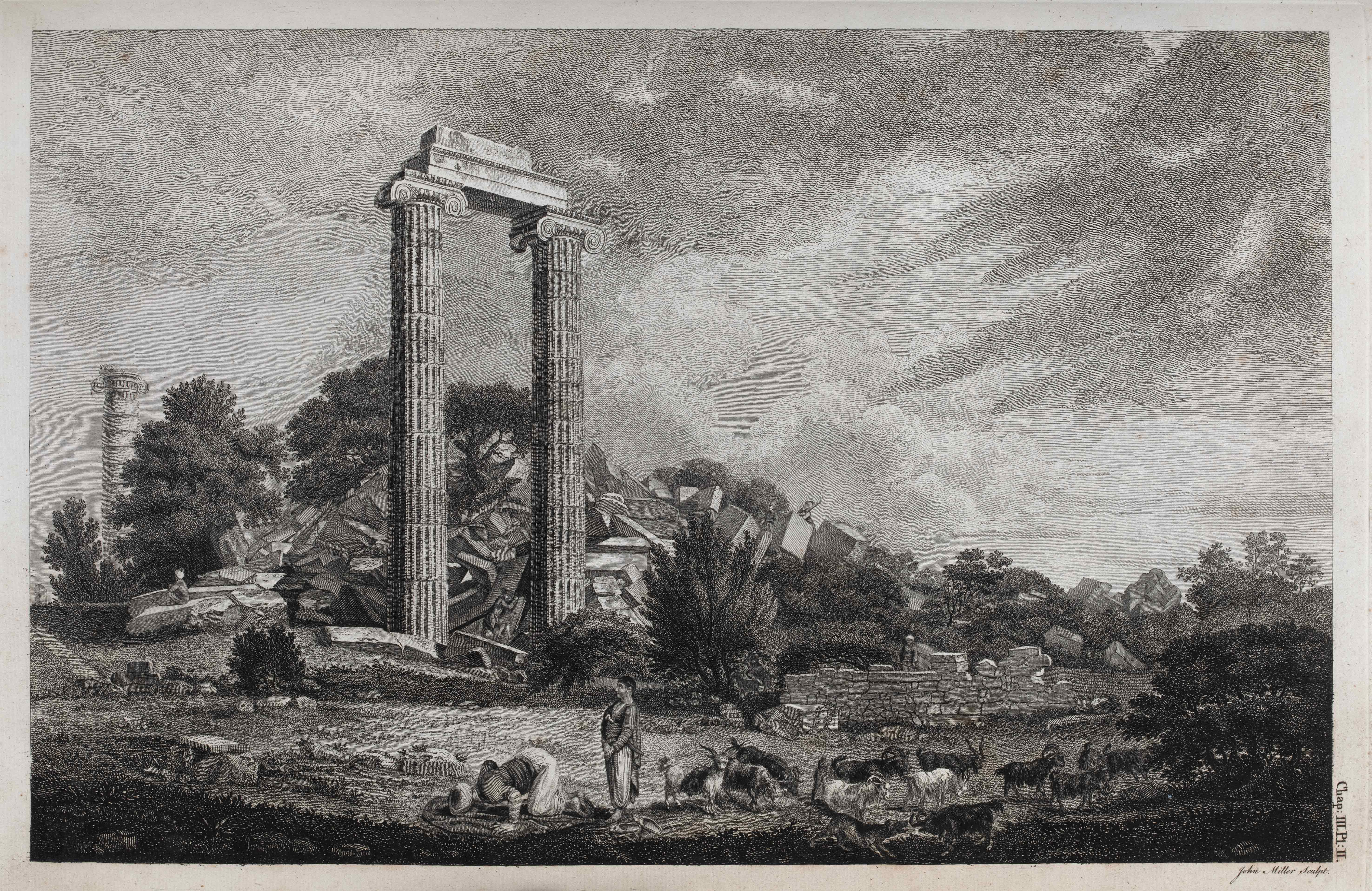 Etching depicting a Greek landscape, ancient monuments, male figures and animals. Etching from the book Ionian Antiquities – Society of Dilettanti