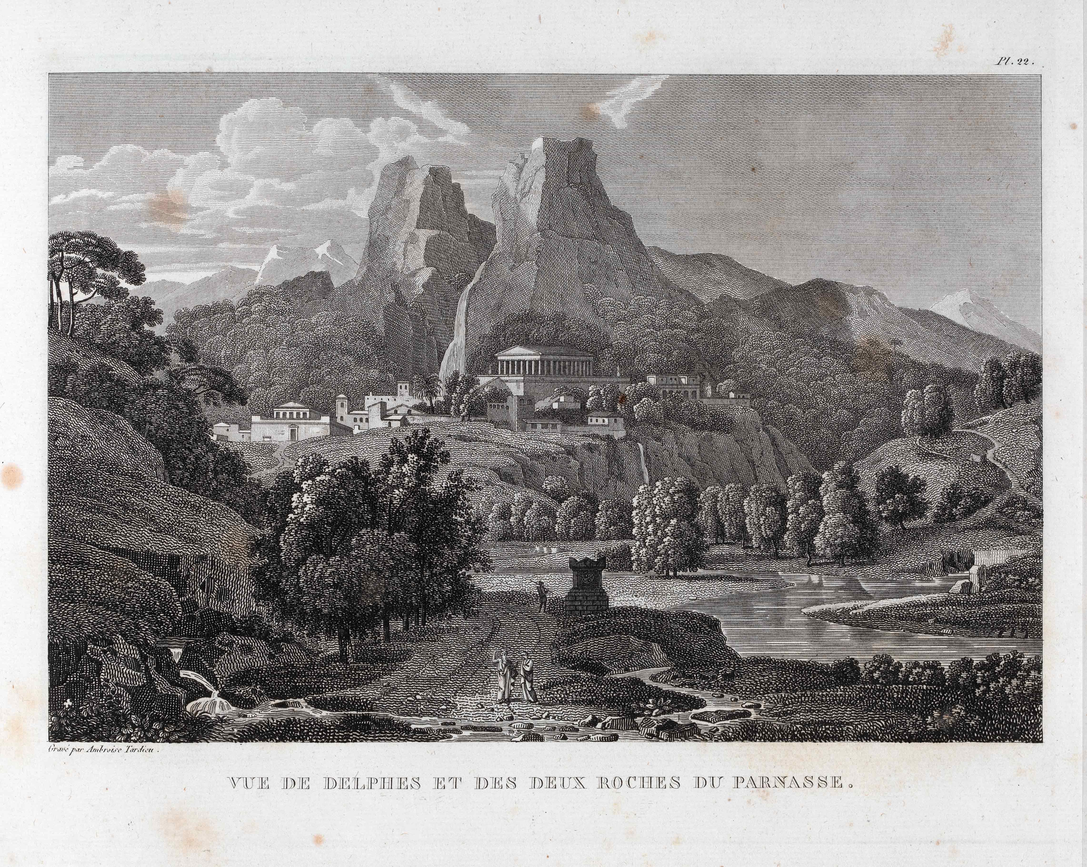 Etching depicting the Temple of Delphi at the foothills of Parnassos. Picture from the book Voyage du jeune Anacharsis en Grèce