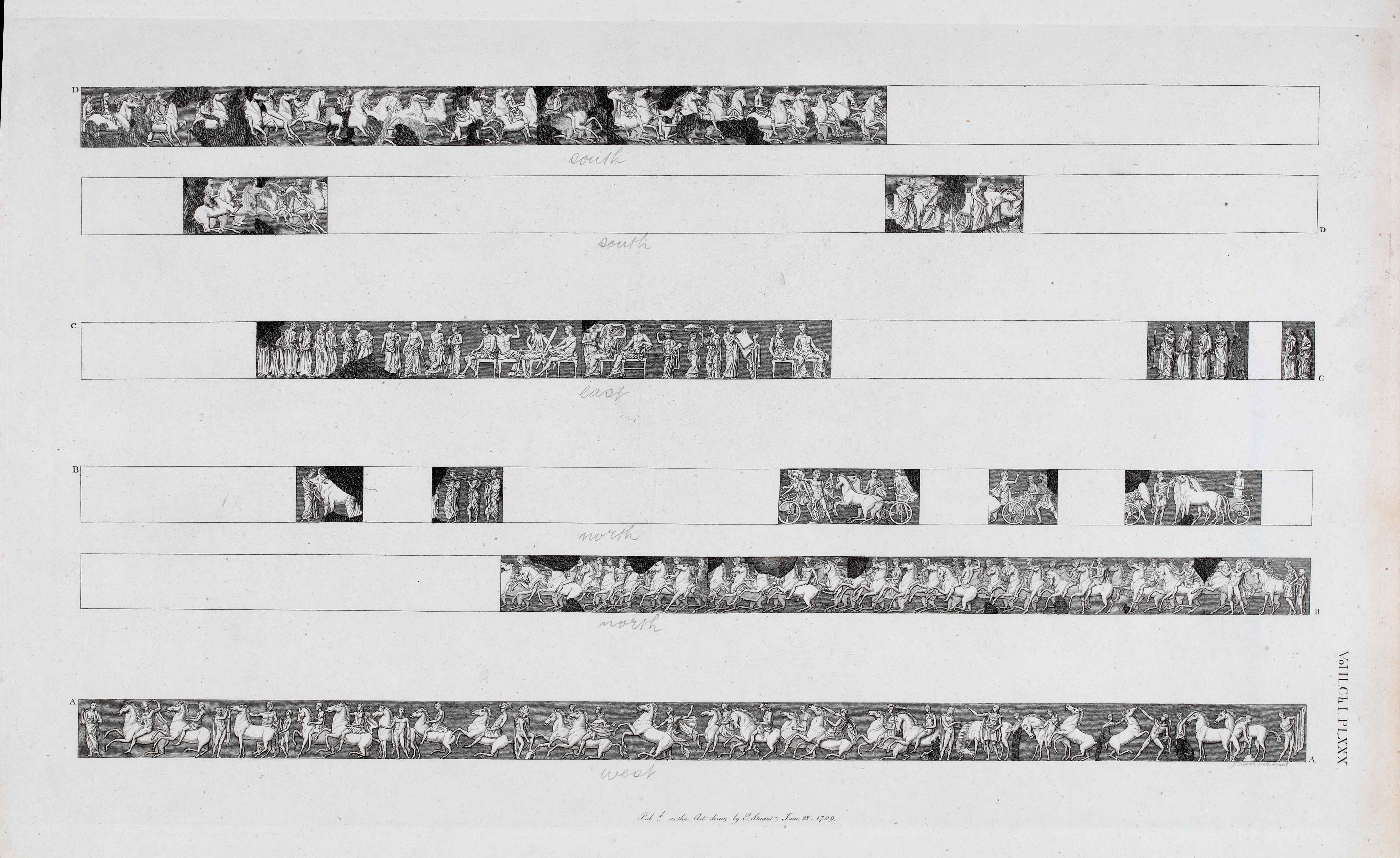 Detailed drawings of the Parthenon frieze.   Page from the book The Antiquities of Athens. Volume the Second
