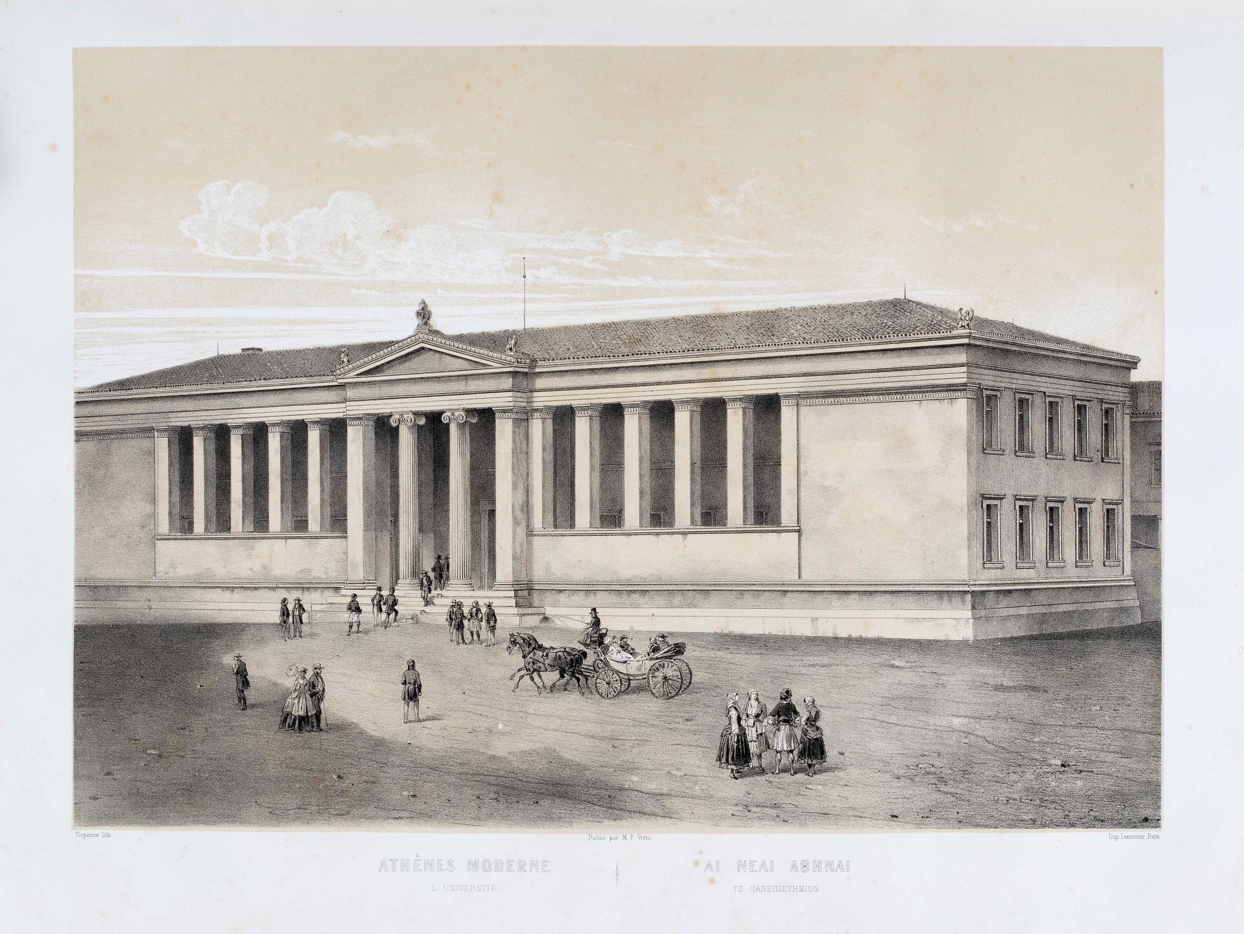 Etching of the Athens University, with carriages, and men and women in period clothing in the forefront. Picture from the book Modern Athens