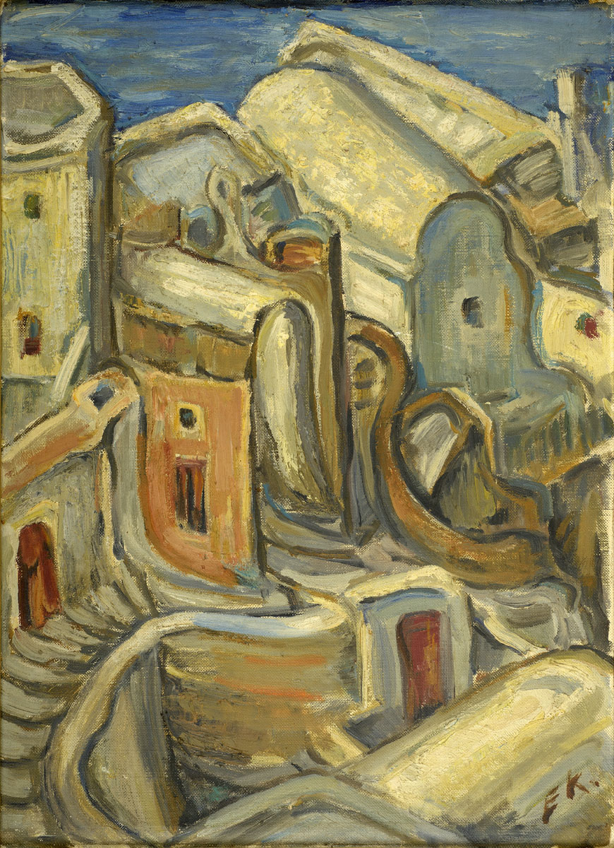 White houses on Santorini with steps in between and the blue sky in the background. Painting “Santorini”