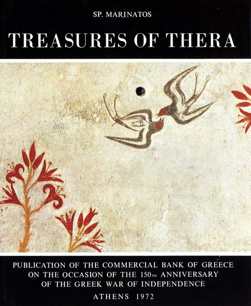 Το εξώφυλλο της έκδοσης Treasures of Thera με τοιχογραφία με λουλούδια και 2 χελιδόνια.