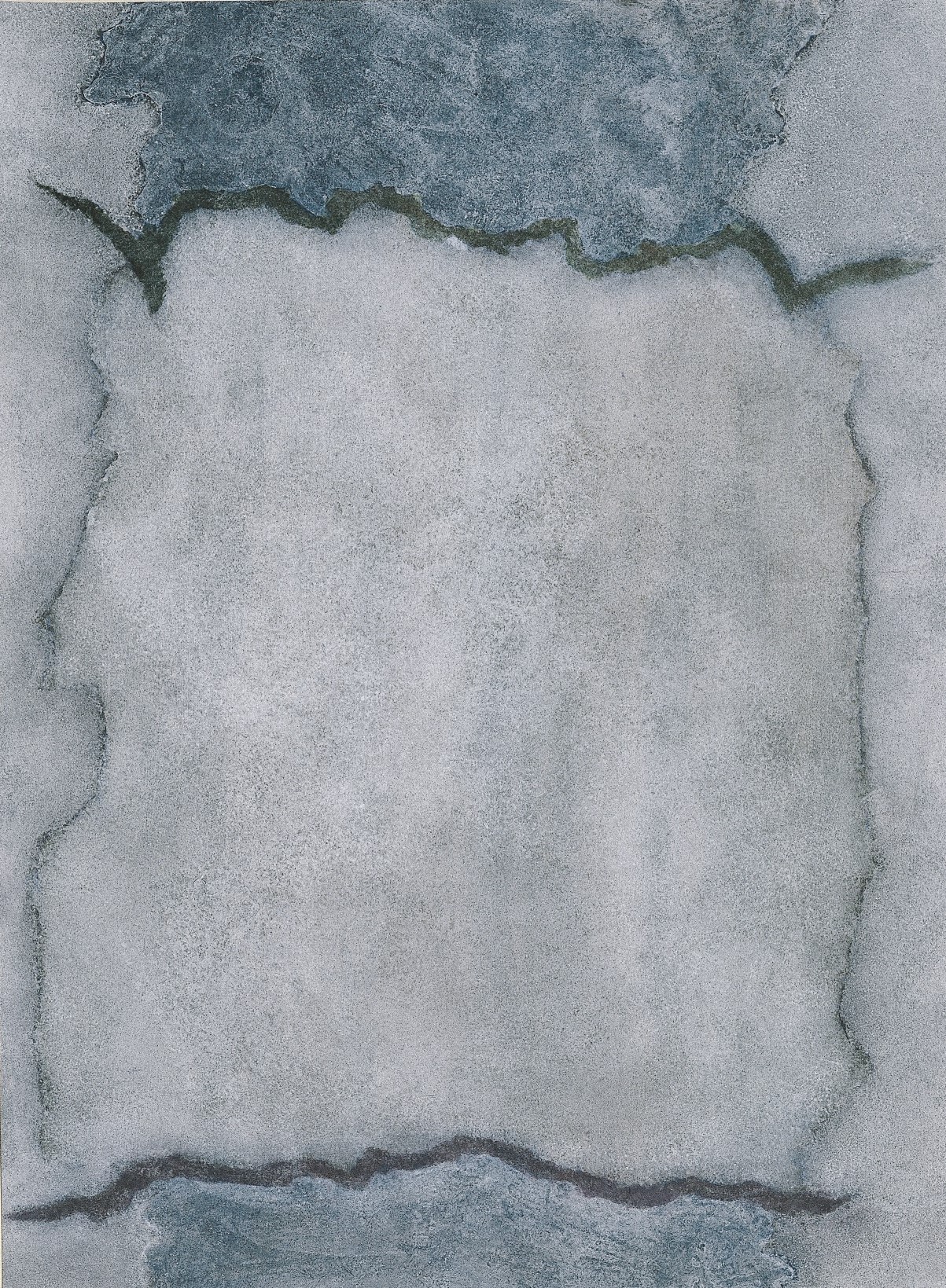 Coloured surface in grey tones crossed by 2 parallel brown wavy lines. The painting Infinity Field for Friedrich by Theodoros Stamos