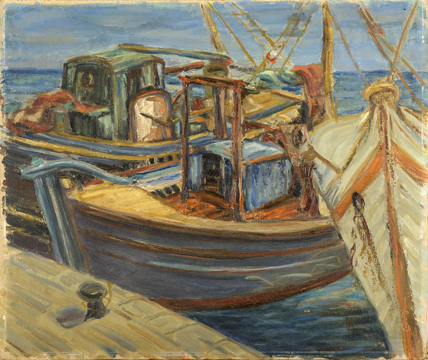 3 fishing boats in a port. The two on the left are blue with red and green details and the one on the right is white. Painting “Boats”