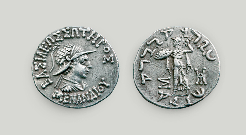 Two sides of tetradrachm of Menander I. On the obverse head of Menander in profile, on the reverse Athena holding shield and thunderbolt. Two sides of silver tetradrachm of Menander I, Indo-Greek Kingdom