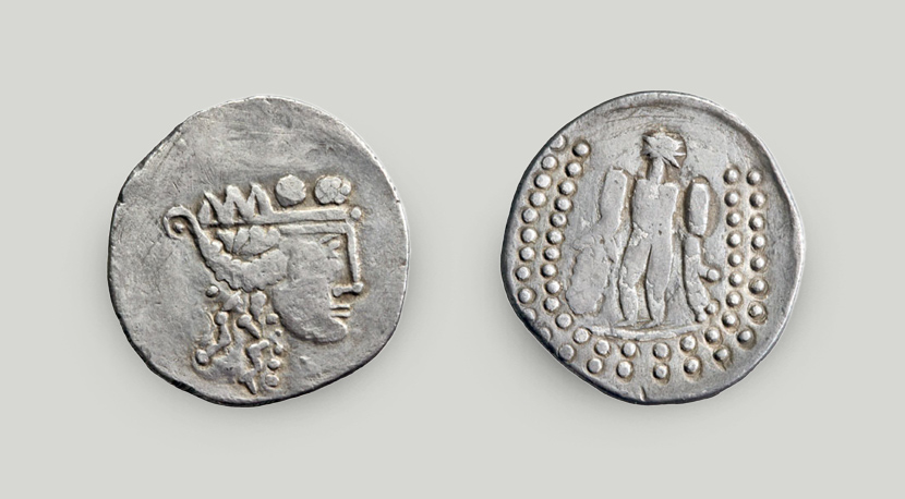The obverse depicts a head of Heracles; on the obverse, Zeus on his throne.  Celtic silver tetradrachm, Danube area