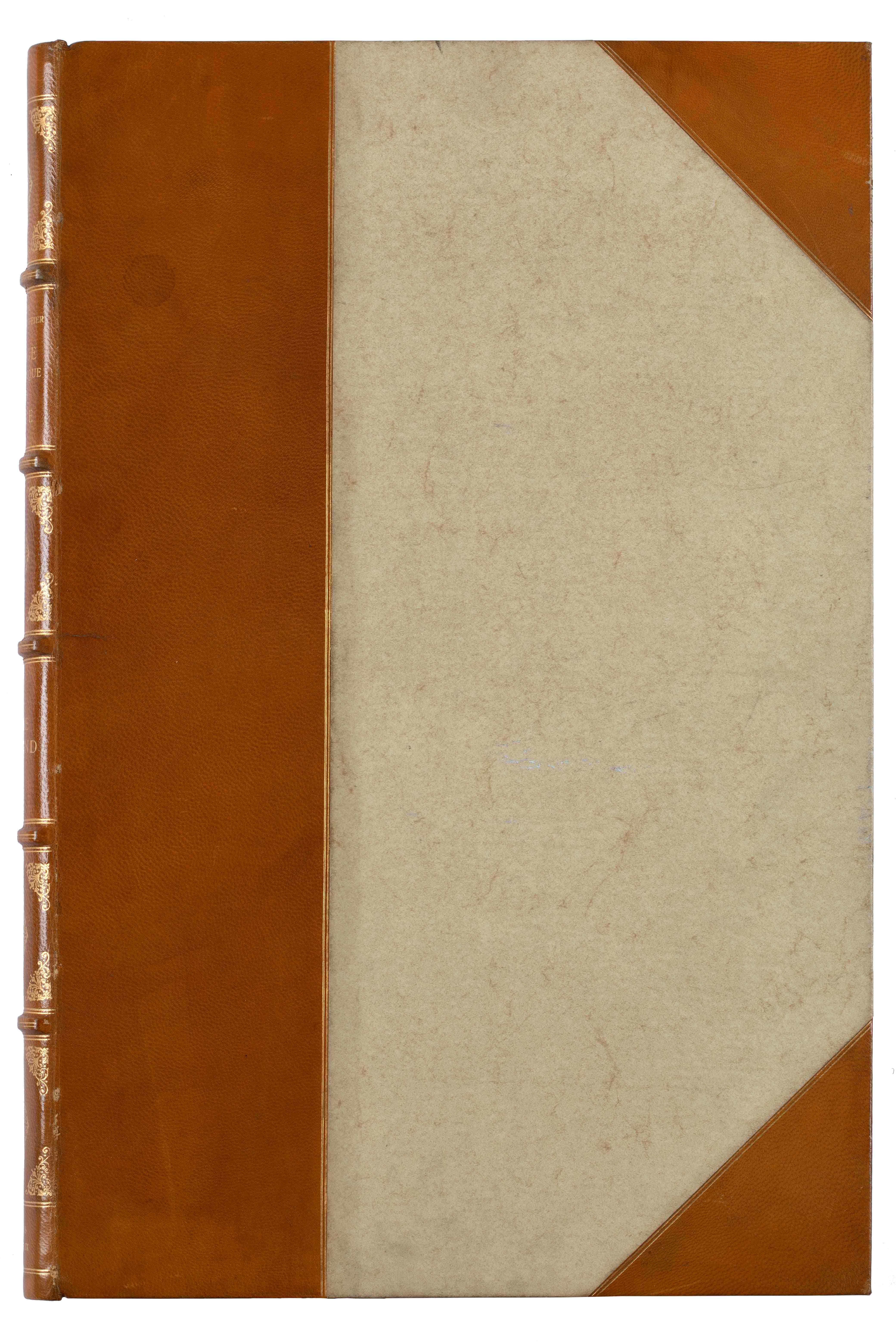 Beige, hardback cover with leather decorative elements. Cover of the book Voyage pittoresque de la Grèce, Tome 1