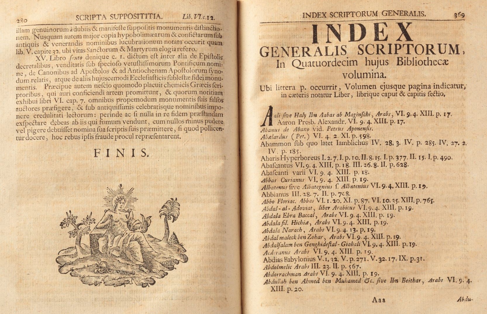 To the left an etching showing a god wearing a laurel wreath and holding a lyre. To the right a book index.  Pages from Bibliotheca Graeca