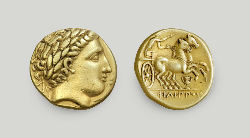 Left: obverse depicting a head of the god Apollo; right: reverse depicting a charioteer driving a 2-horse chariot.  Celtic gold stater from present-day Switzerland