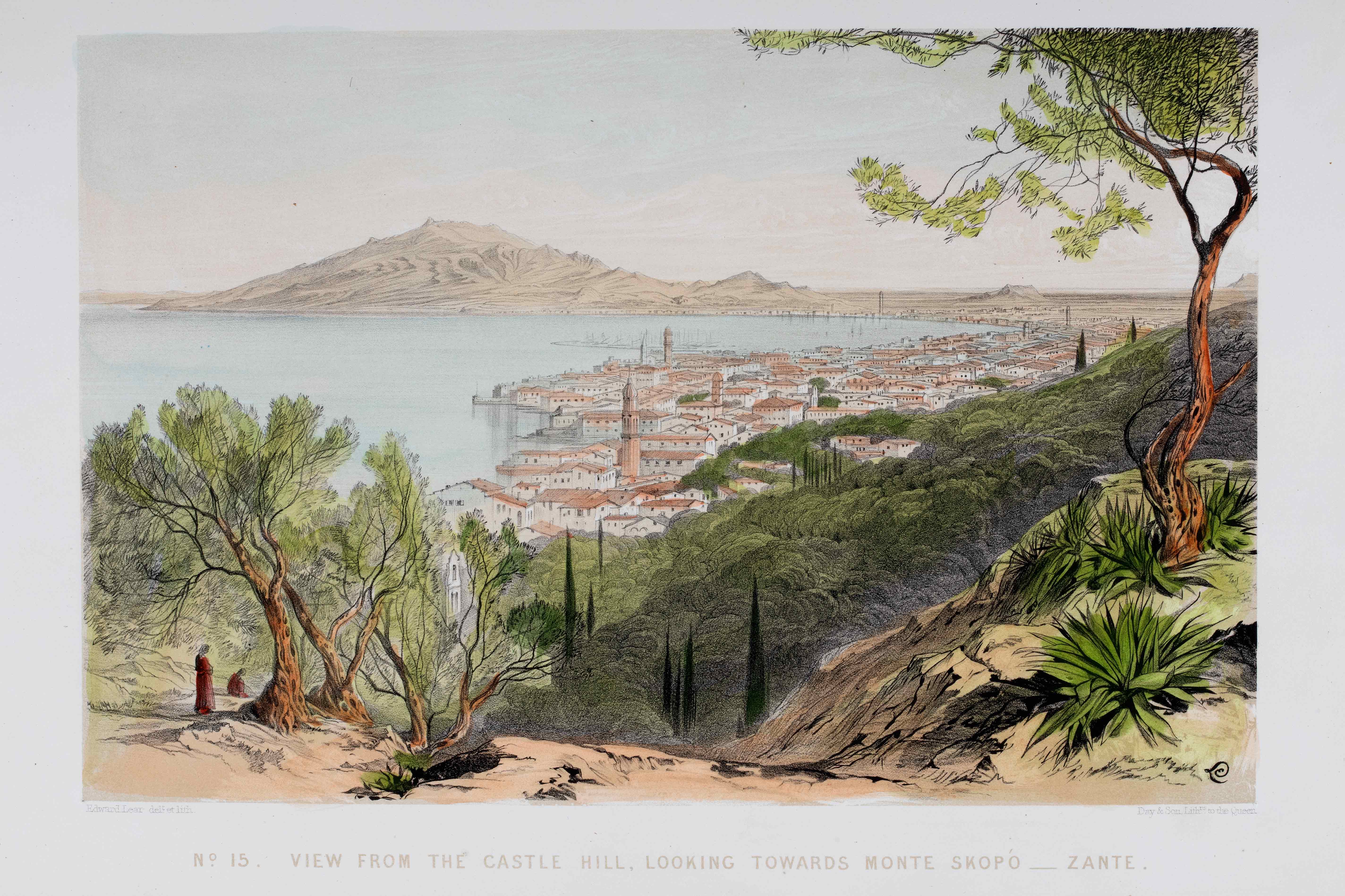 Colour drawing of the town of Zakynthos with Mt. Skopos in the back.   Illustrations from the book Views in the Seven Ionian Islands