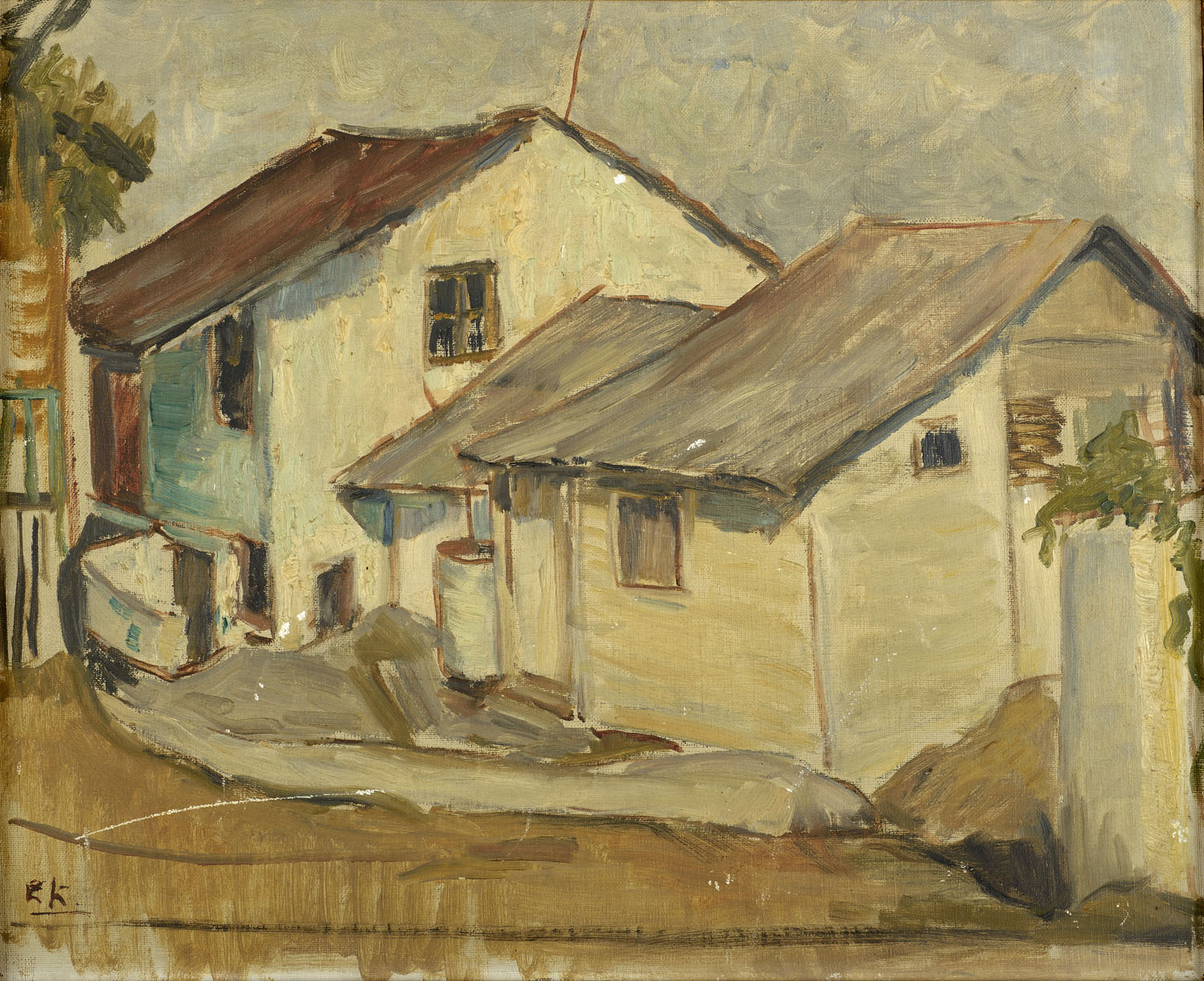 White house with a red roof and a white barn on the side with a grey roof. A rustic garden at the front. Painting “Rustic house”