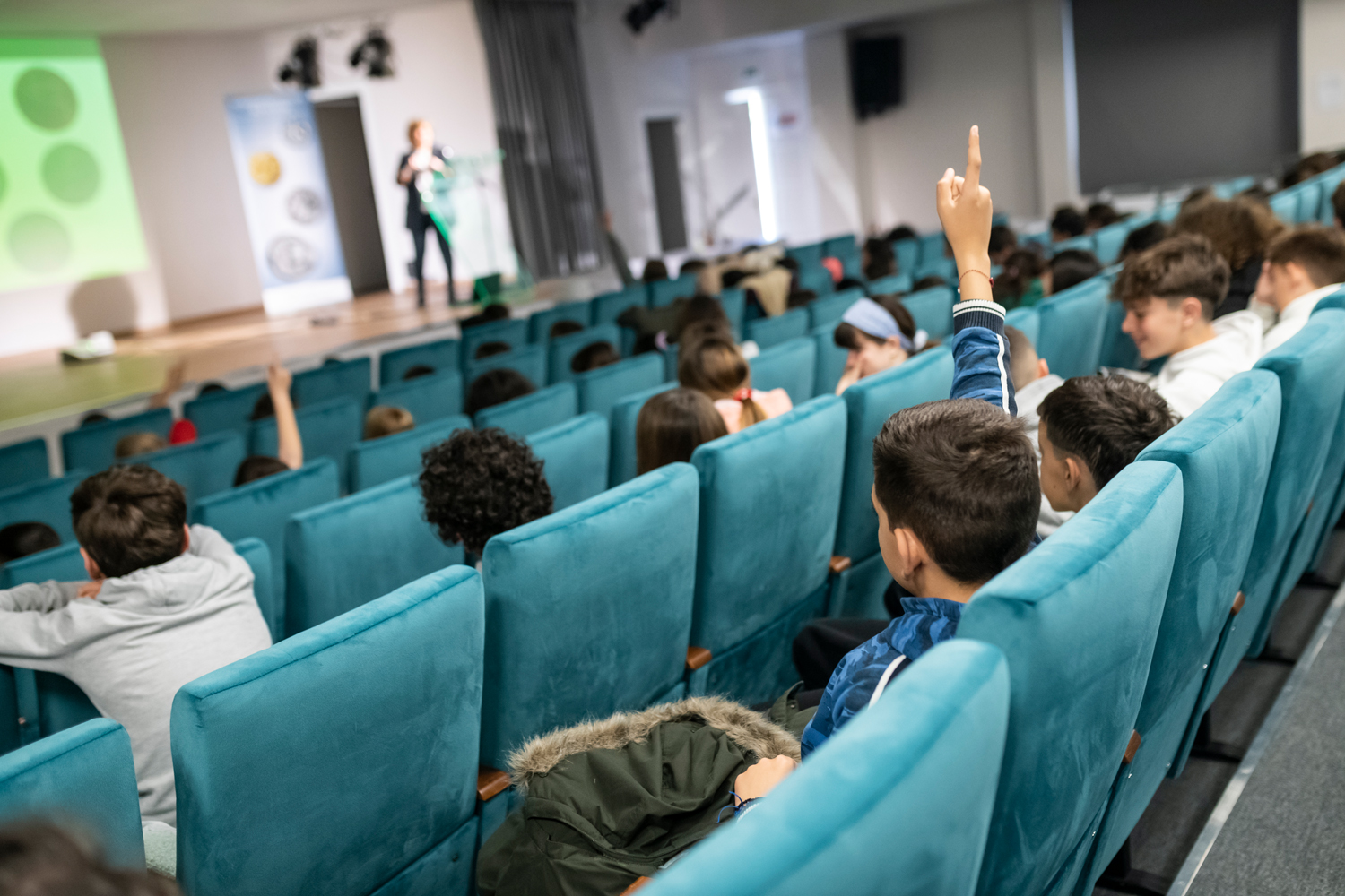 Students at the presentation asking questions.  Presentation at the Kyriakopouleio Cultural Centre in Itea