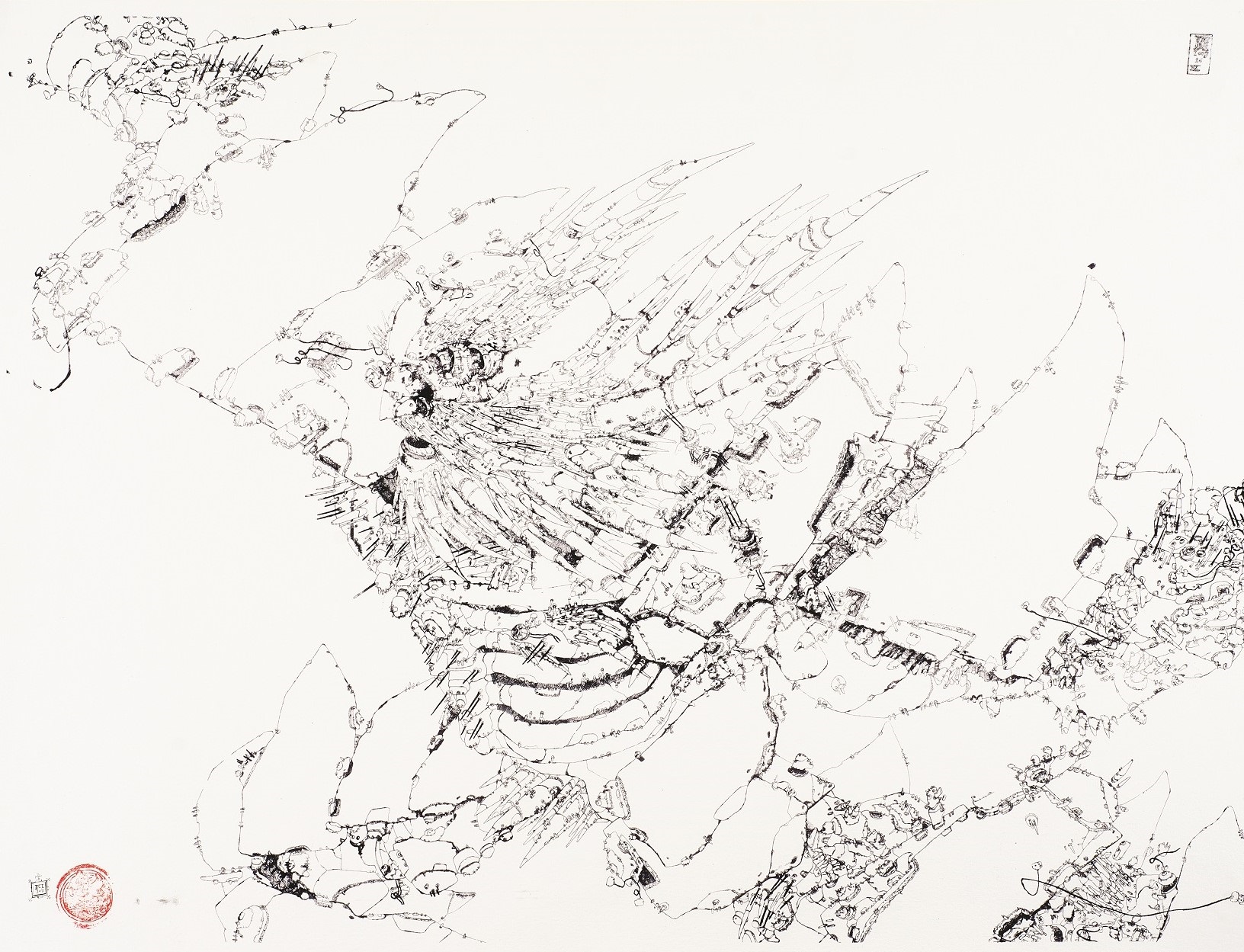 Graphic design depicting the giant Jinpachi with airplane wings for hands, tanks for feet and a beard. Graphic design depicting the giant Jinpachi with airplane wings for hands, tanks for feet and a beard.