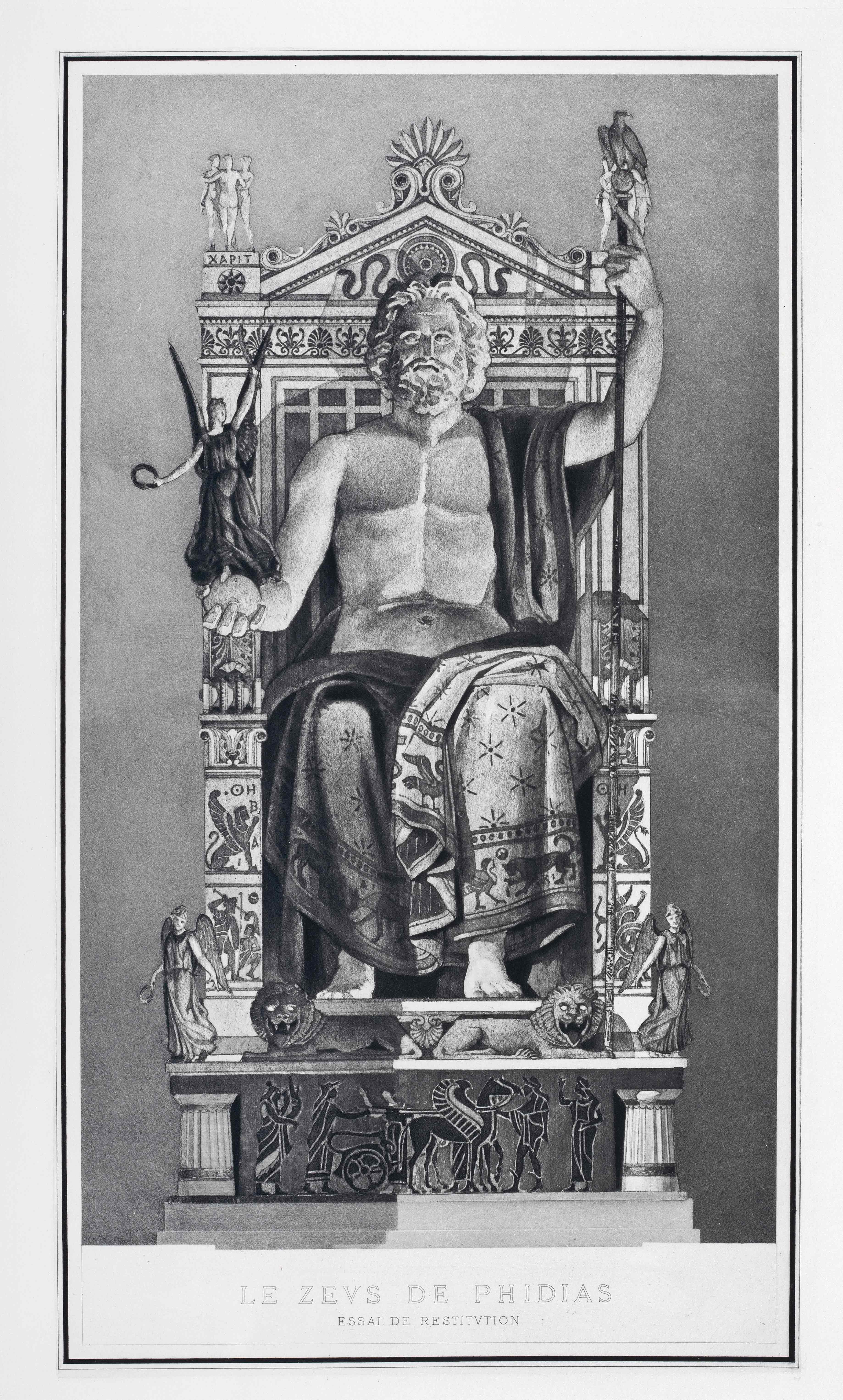 The ivory and gold statue of Zeus, with a winged victory in his right hand and a spear with an eagle in the left.  Page from Restauration d’Olympie