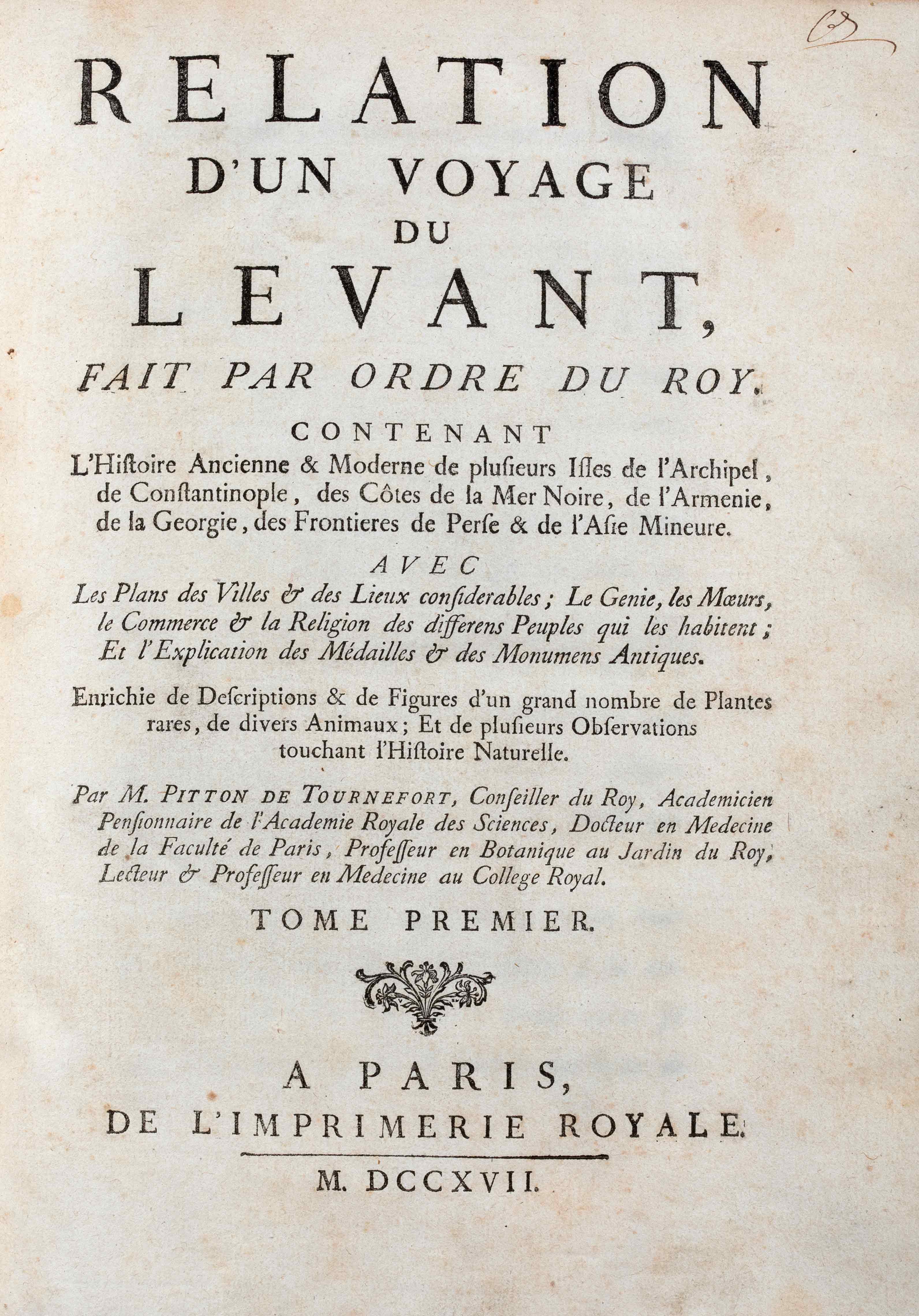 A page from volume 1, with the title, contents, name of author and associates.  Page from Relation D’Un Voyage Du Levant