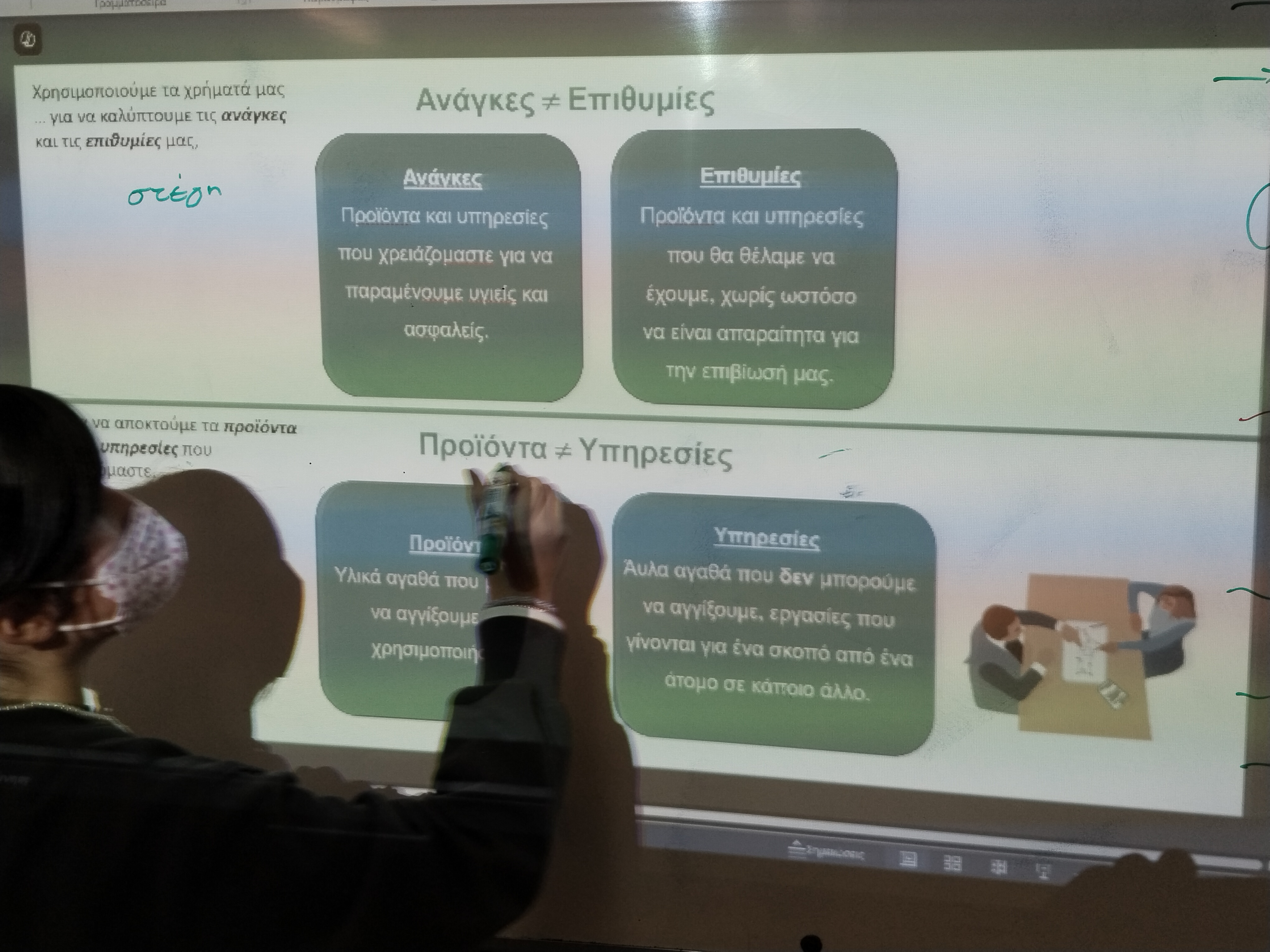 Child in front of a board displaying a slide about the distinction between needs and wants, products and services. Snapshot from educational programme