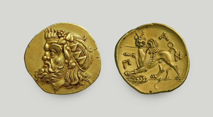 Two sides of Panticapaeum gold stater. On the obverse head of Pan with wreath, on the reverse griffin on wheat stalk with spear in mouth.  Two sides of Panticapaeum gold stater