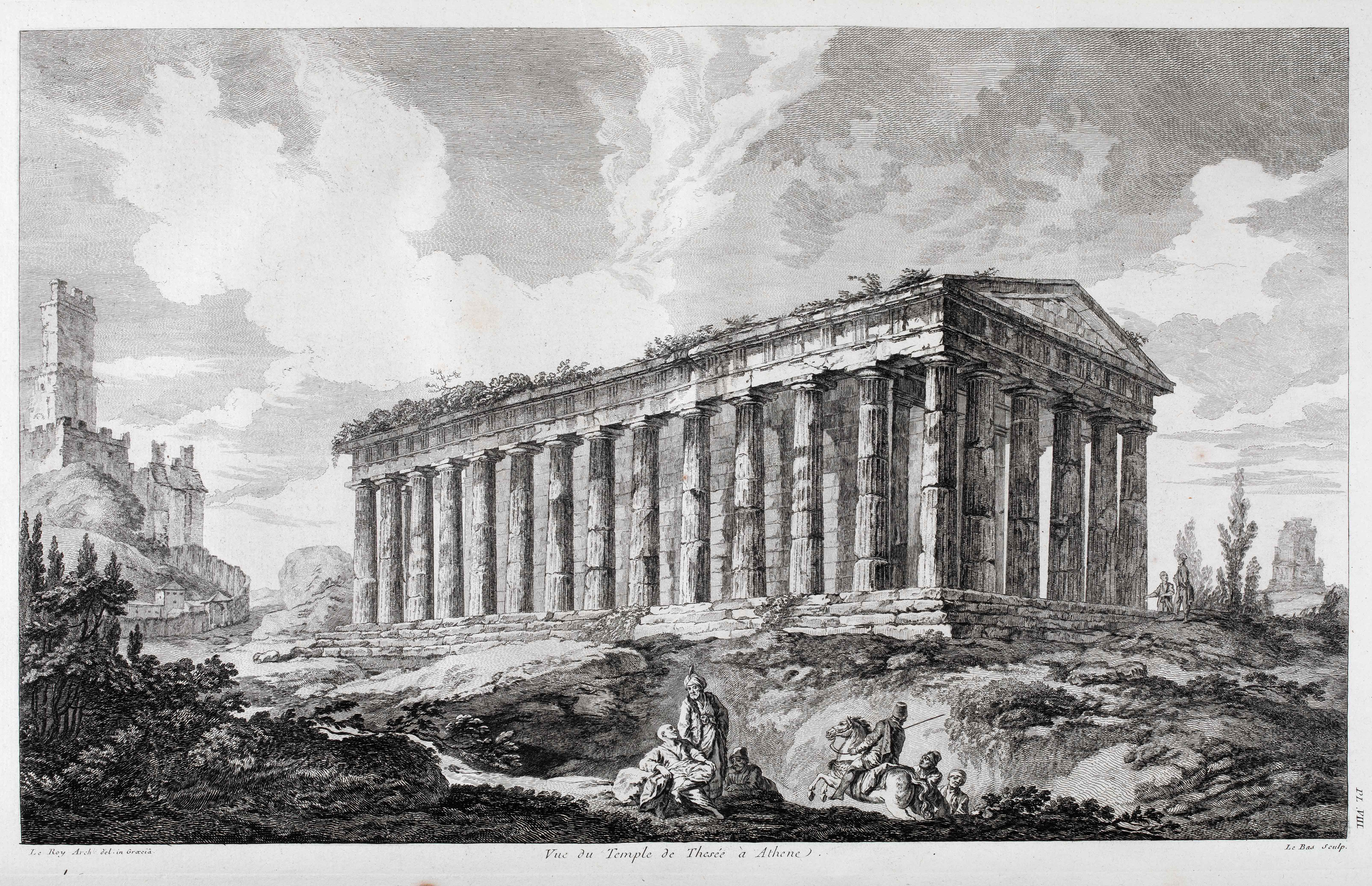 An etching with the Temple of Hephaestus (Thissio), human figures at the bottom and a horseman to the right. Picture from the book Les Ruines les plus beaux de la Grèce