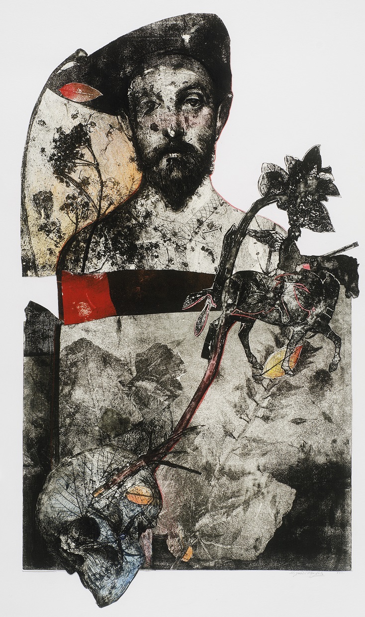 Male bust, a knight at the right, a skull at the bottom left and fossils all over the composition.