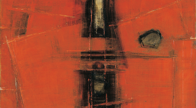 Detail of a stern abstract form in black over a bright red background.